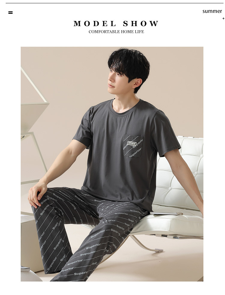Summer pure cotton pajamas for men, cartoon casual short-sleeved shirts and long pants, pure cotton comfortable home wear, summer youth student set pic 182