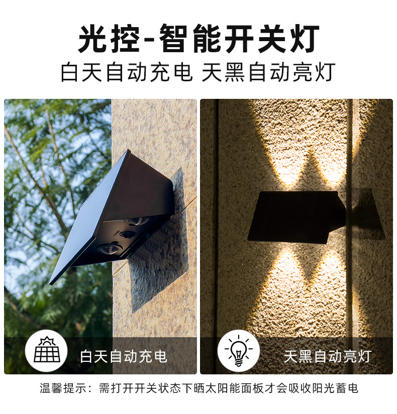跨境太阳能户外庭院灯家用户外灯壁灯墙壁天黑亮花园太阳能洗墙灯详情13