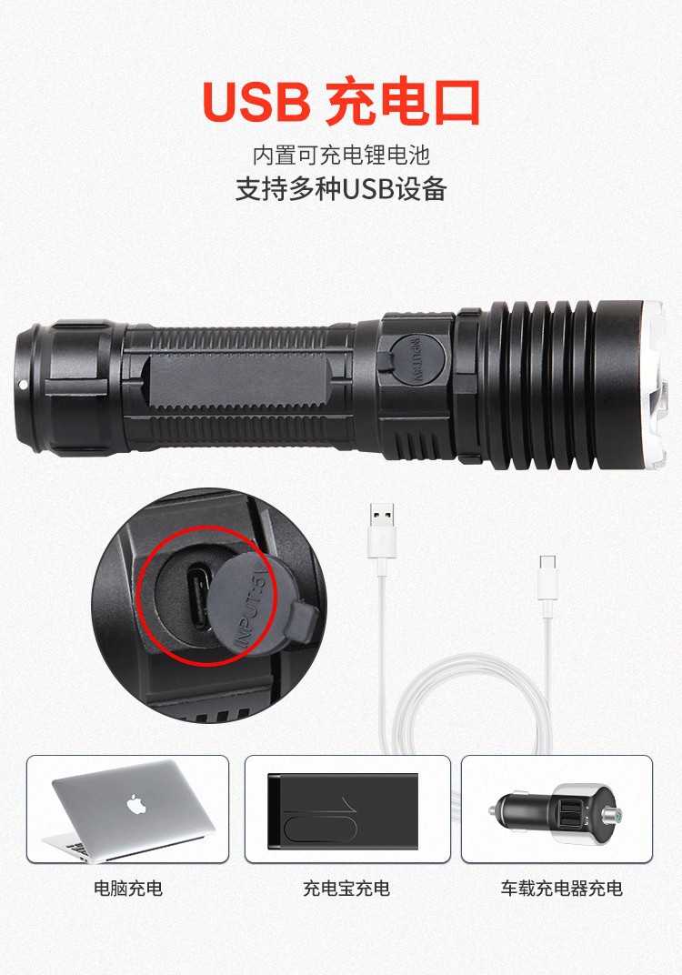 现货跨境激光炮灯type-c充电变焦强光手电筒户外照明便携P50电筒详情5