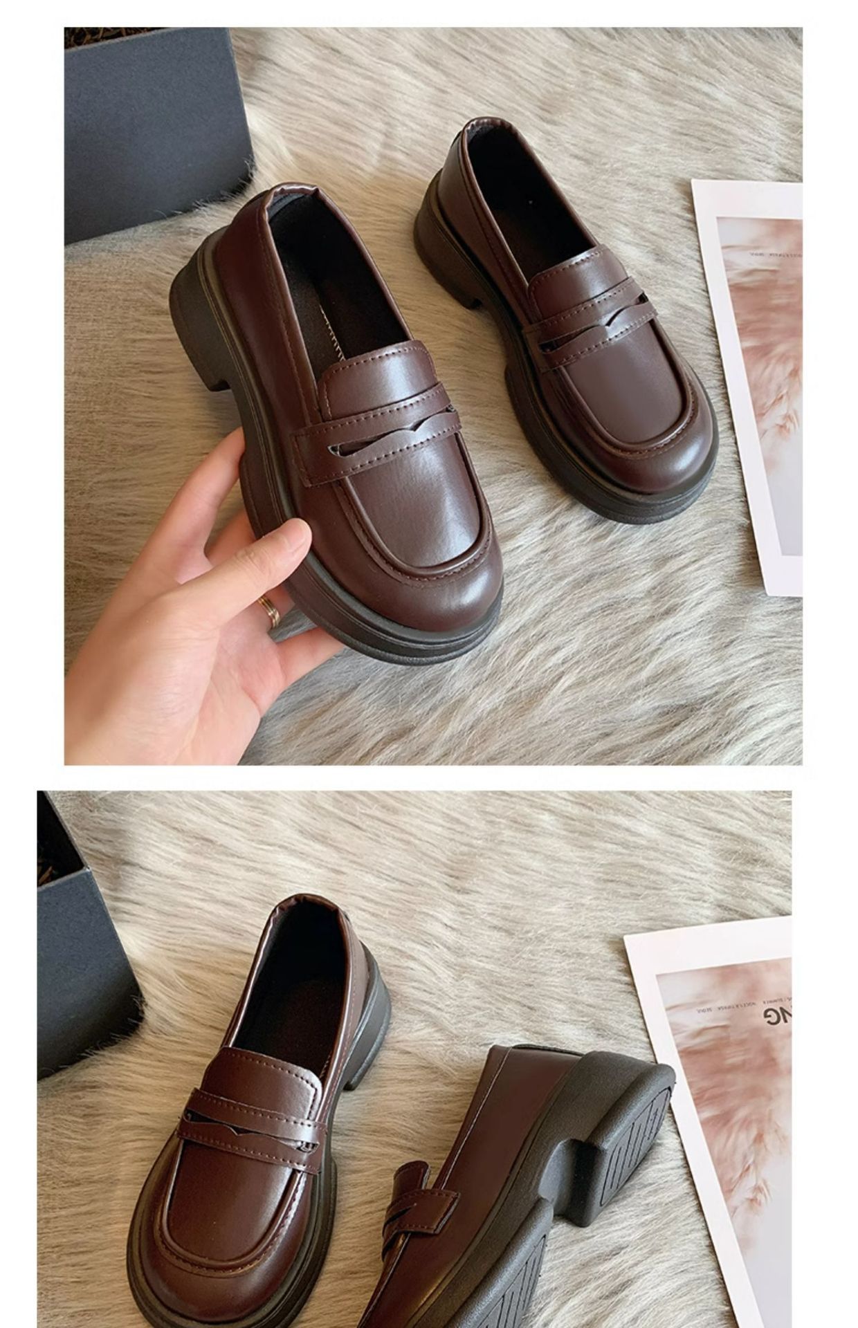 The new 2024 autumn collection of Japanese-style small leather shoes for women features a black thick-soled loafer with a British style, paired with a single jk uniform shoe pic 20