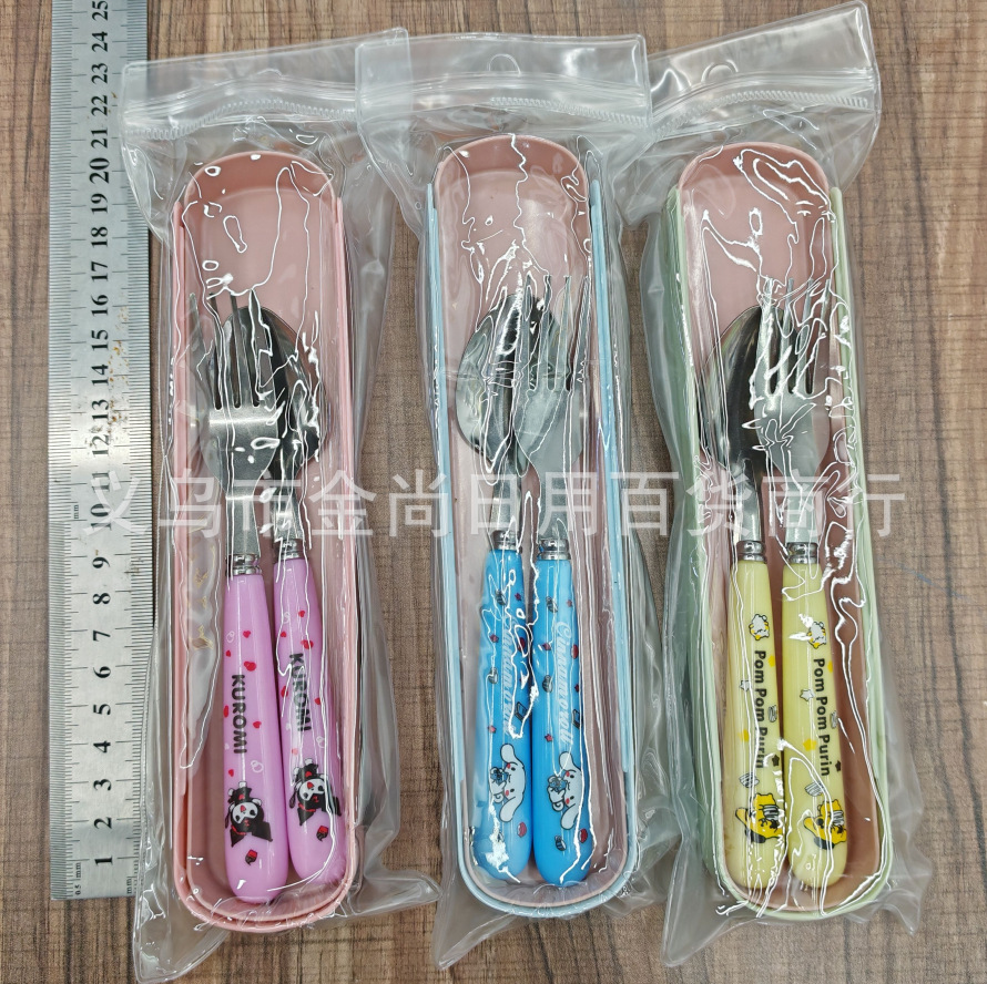 Three-piece cartoon plastic fork, knife and spoon set for students, adults, office workers and outdoor portable tableware storage box pic 9