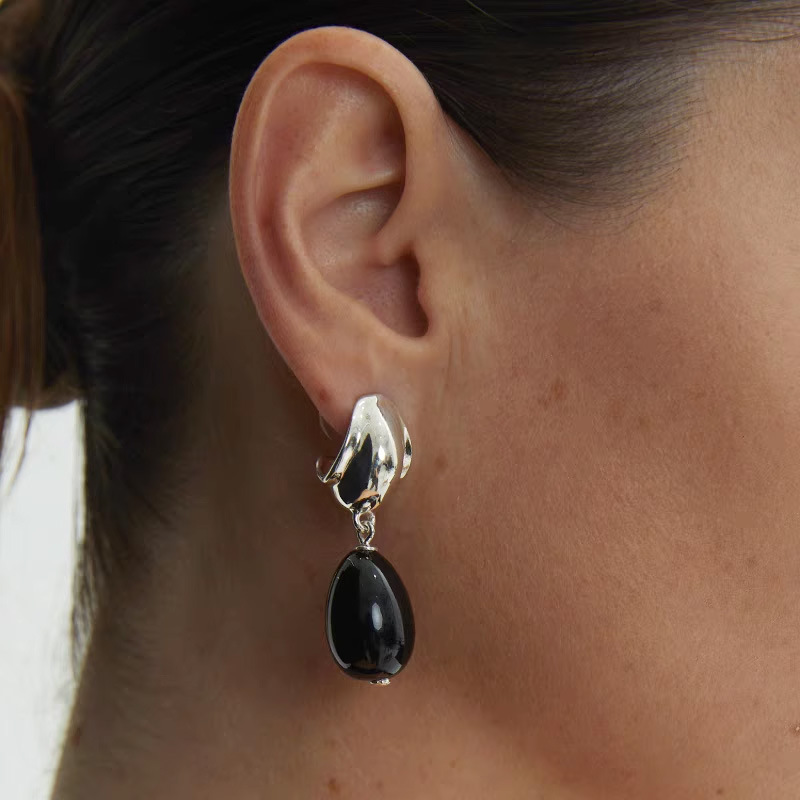 欧美小众复古黑玛瑙水滴项链耳环戒指女大号夸张黑色椭圆形耳钉详情6