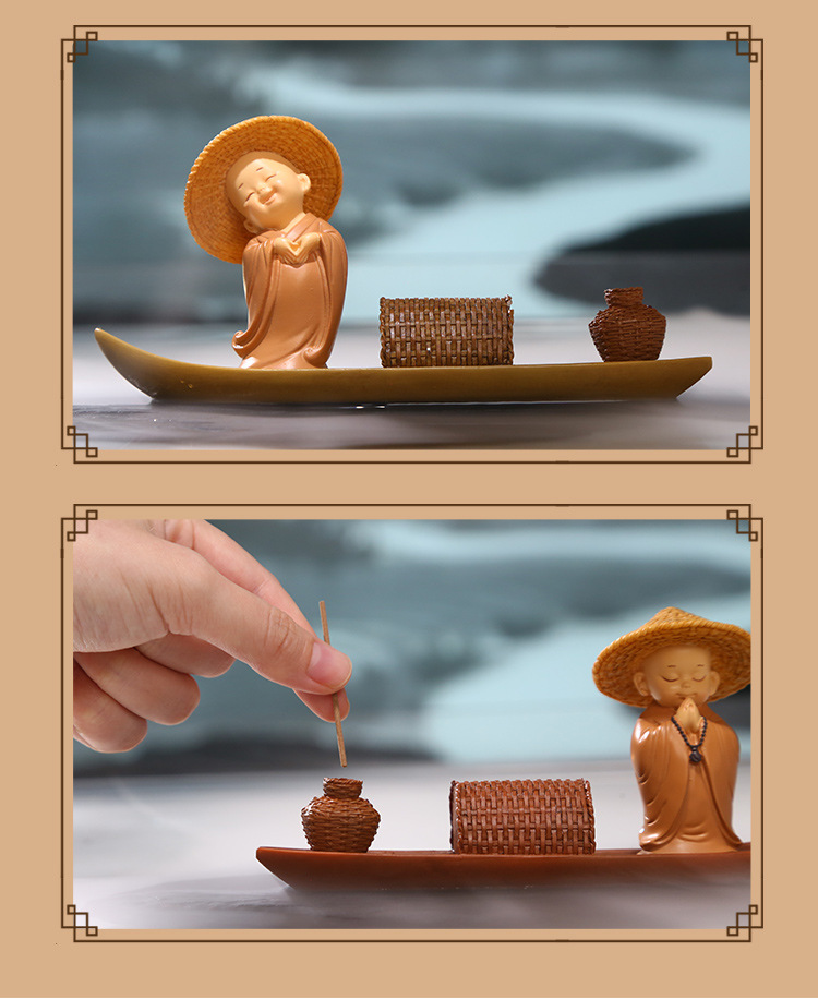 创意卡通小和尚线香摆件桌面办公装饰摆件中式渡船设计树脂工艺品详情11