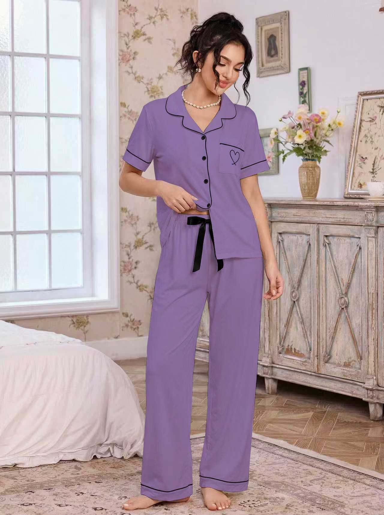 亚马逊欧美家居服套装翻领开衫短袖长裤爱心绣花睡衣女外贸独立站详情40