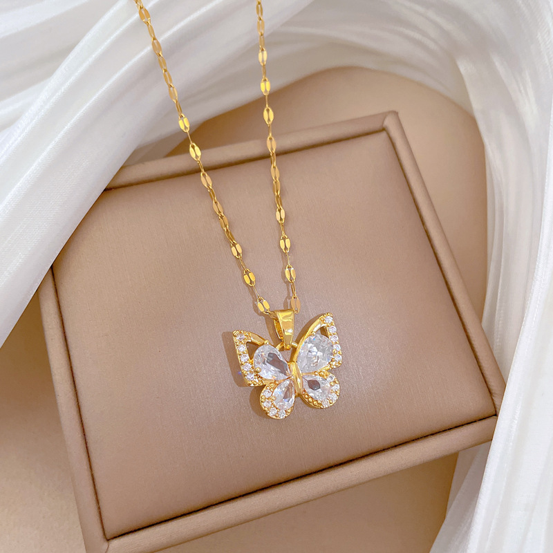 【钛钢】锆石蝴蝶项链耳环套装轻奢微镶个性气质宴会耳饰项饰组合详情16