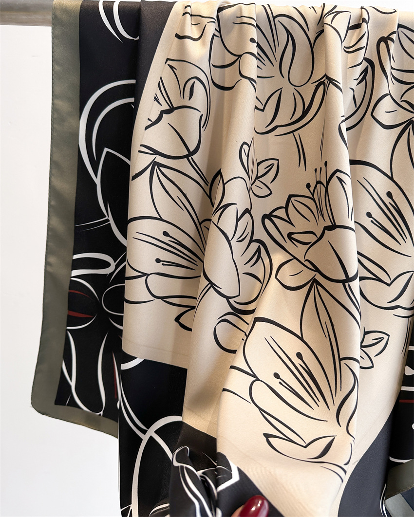 National trend retro printed artistic silk scarf, 90cm twill silk scarf, lotus flower fashionable large square scarf, sun protection shawl headscarf pic 12