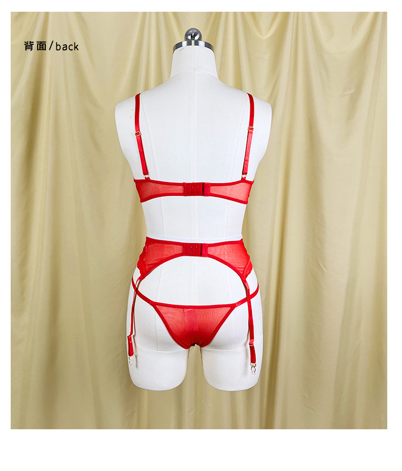 Red lace patchwork underwear three-piece set, memory soft steel ring sexy bra, underpants and garter set JR069 pic 16