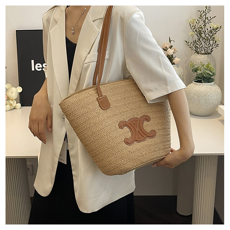 单肩草编包女士手提包大容量夏日旅游沙滩包手工编织菜篮子腋下包详情49