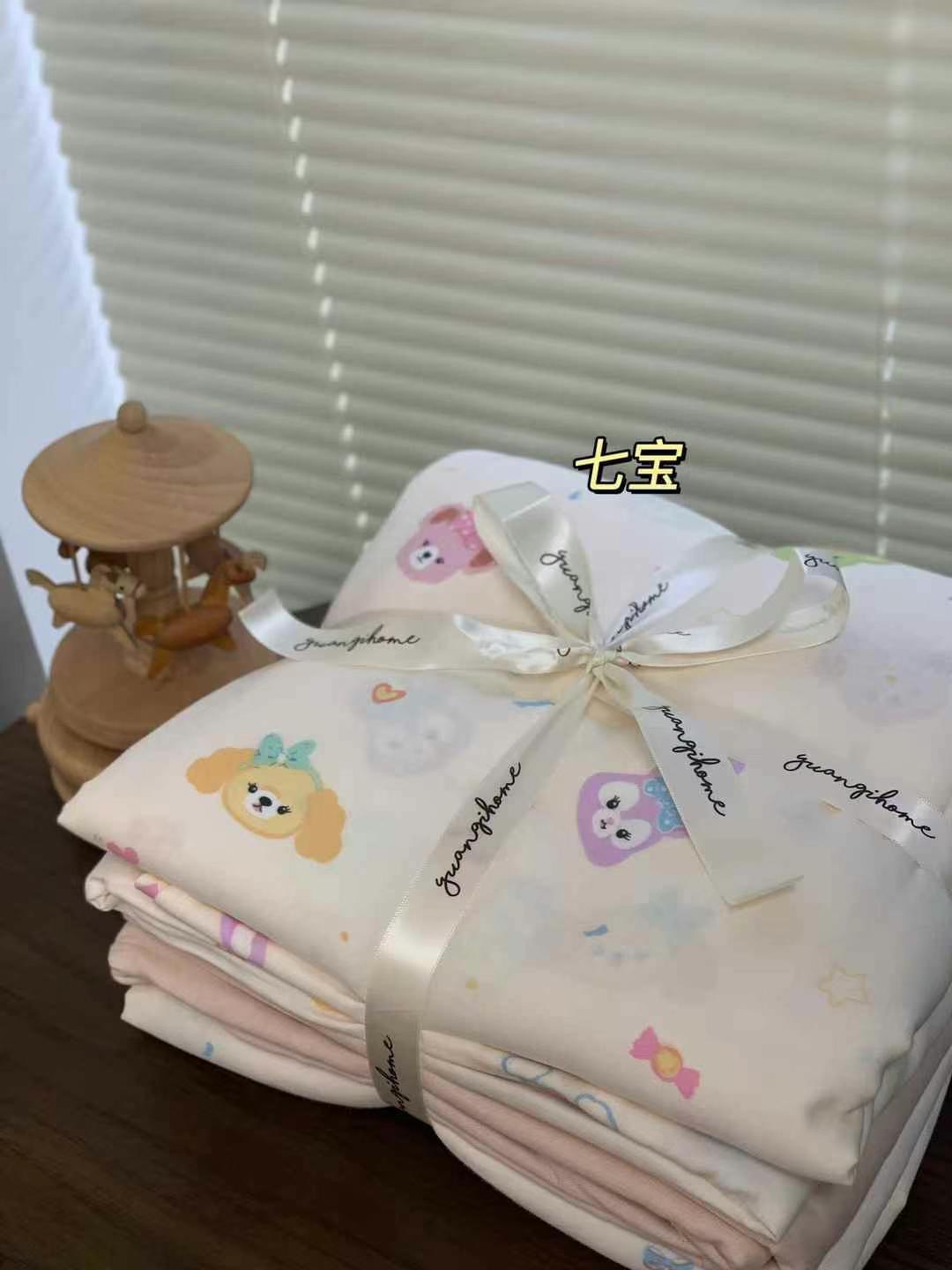 A set of three or four pieces with fresh small floral print double-layer yarn, pure cotton soft naked sleeping quilt cover and cartoon bedding pic 53