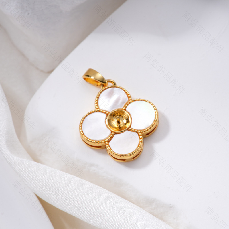 Pearl ring, earneedle pendant, three-piece set, empty stand, four-petal flower, white butterfly shell design, DIY light luxury original jewelry pic 9