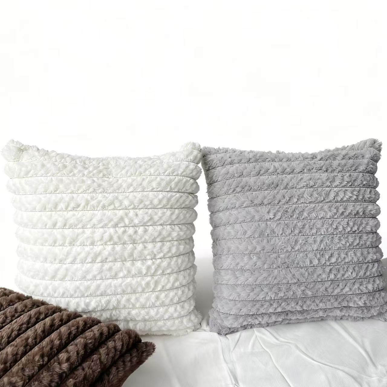 Cross-border Nordic minimalist rabbit fur striped brushed sofa pillowcase, light luxury bedroom soft and sticky cushion, home solid color cushion pic 2