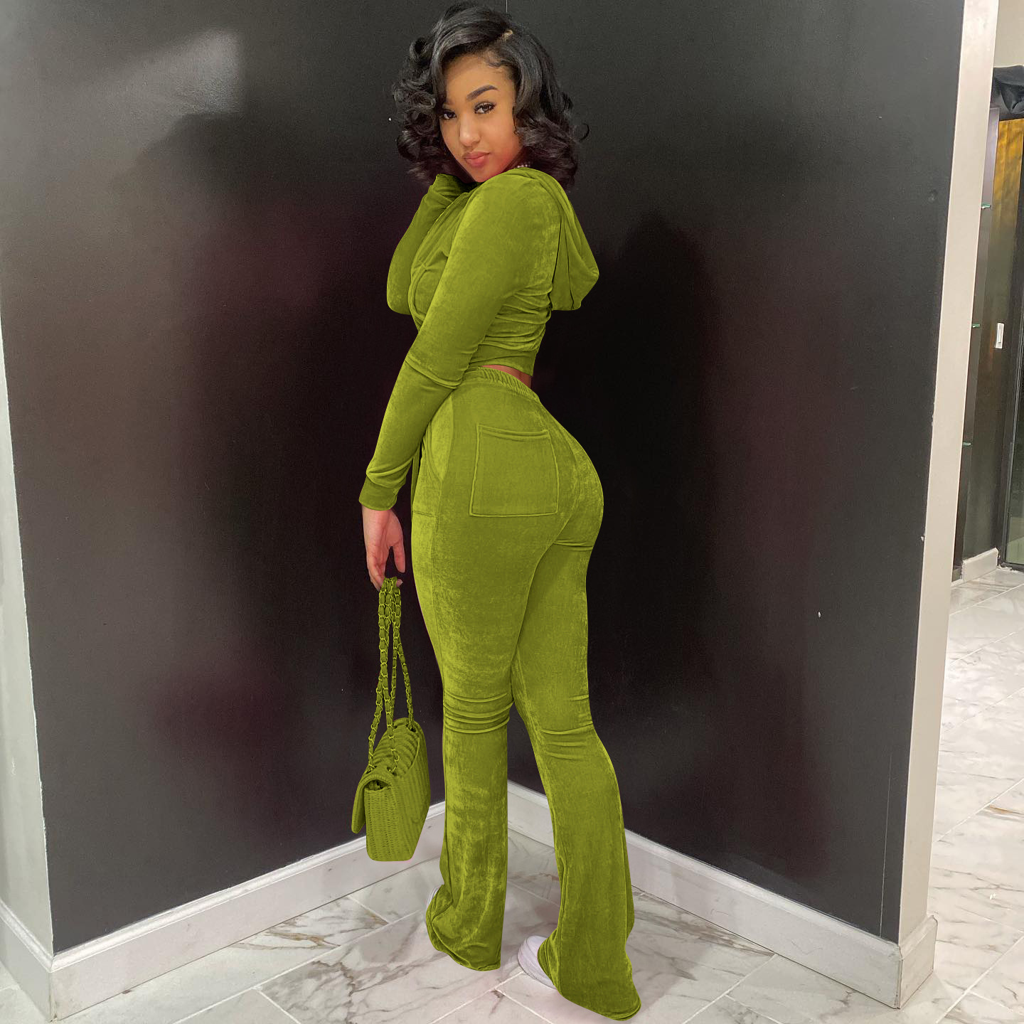 Solid color gold velvet wide-leg pants two-piece set pic 37