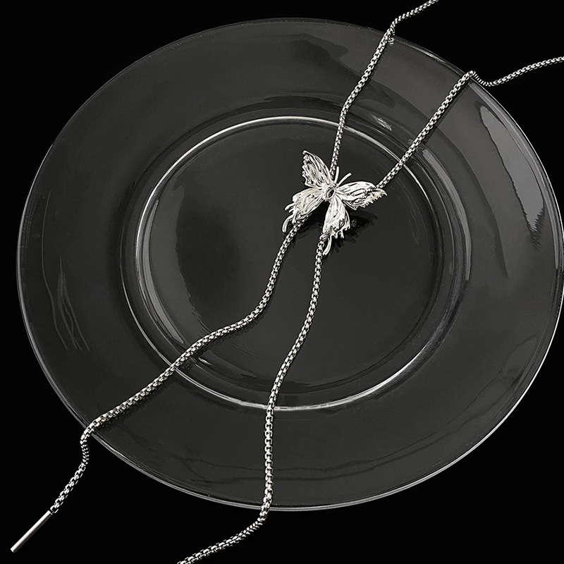 A high-end, pull-out silver butterfly tassel necklace for women, a light luxury and niche design, fashionable and elegant, versatile collarbone chain pic 7