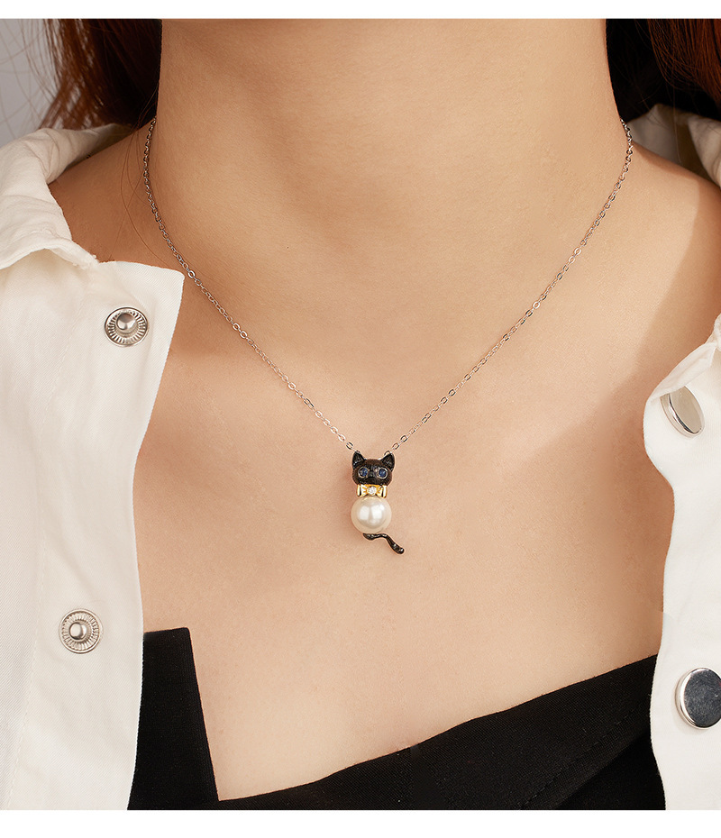 S925 sterling silver Little Cat pendant, a niche design for women with a sense of high-end color contrast pendant, DIY accessory, silver empty stand pic 13
