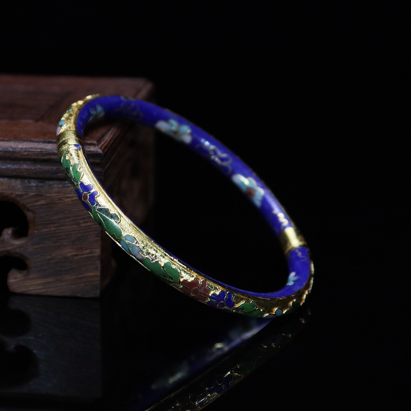 Beijing Cloisonne vintage collectibles, classical ethnic style copper body cloisonne enamel jewelry, gold base open bracelet pic 12