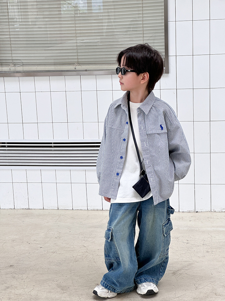 艾摩贝贝2024秋男女童竖条纹刺绣水洗全棉衬衫中大童气质翻领上衣详情18