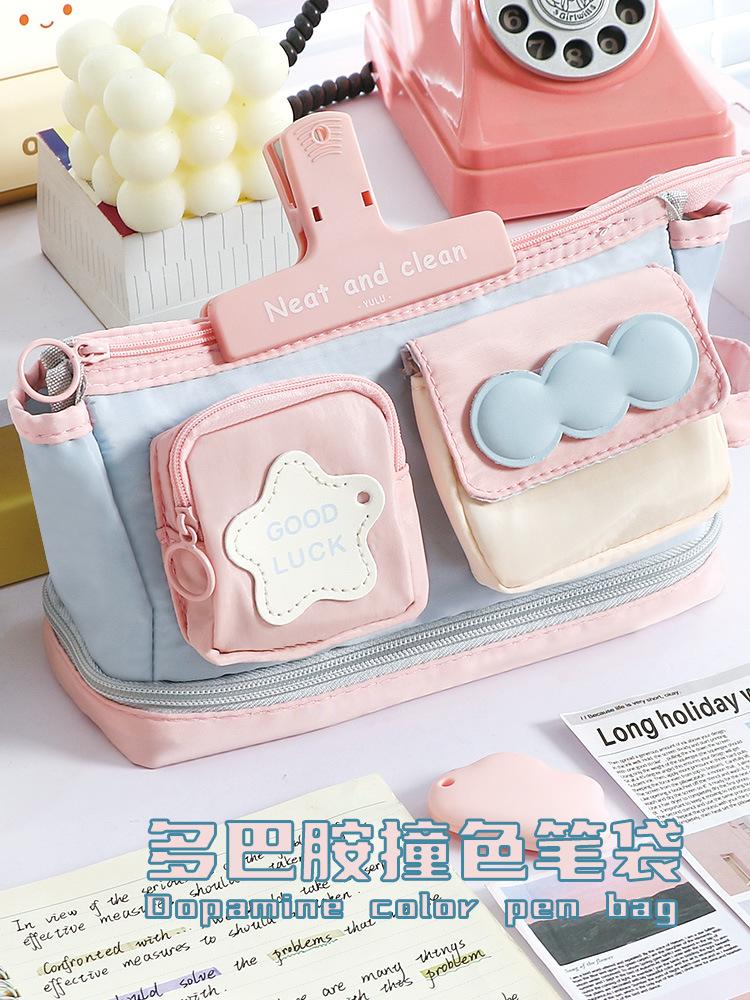多功能撞色手提多巴胺笔袋可爱大容量日系ins风中小学生文具袋详情1
