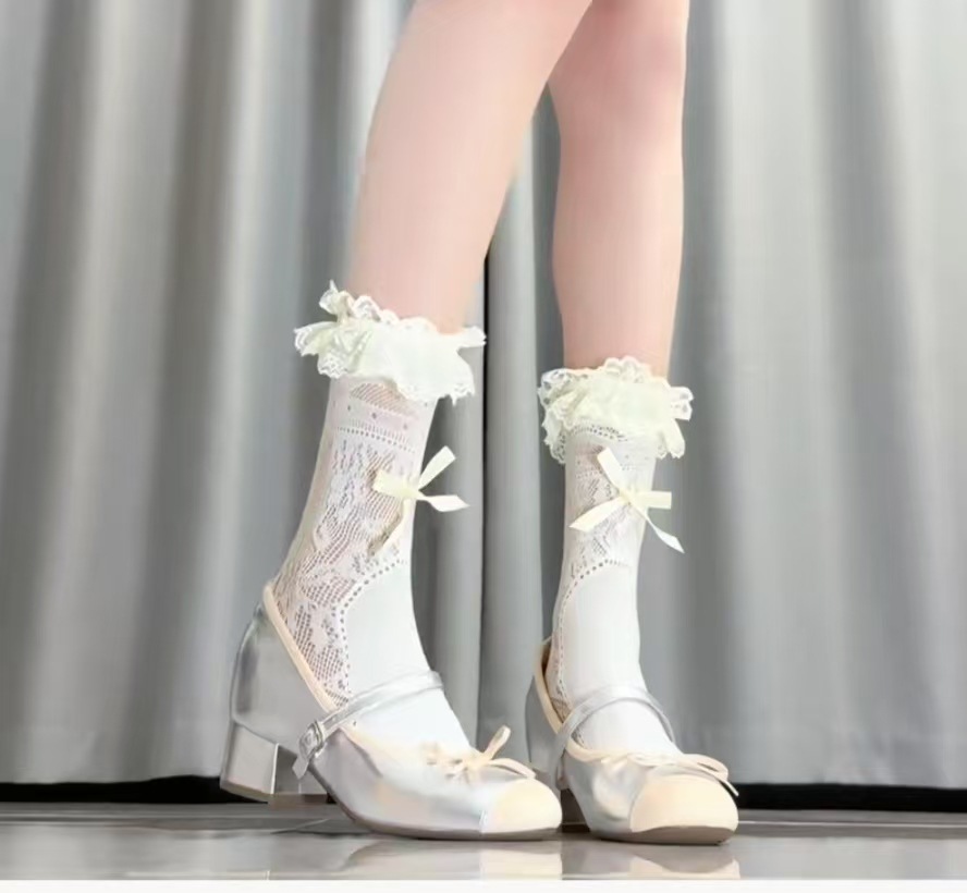Summer lace lace mid-calf socks for women, lolita bow pile socks, y2k short socks, girlish style pic 4