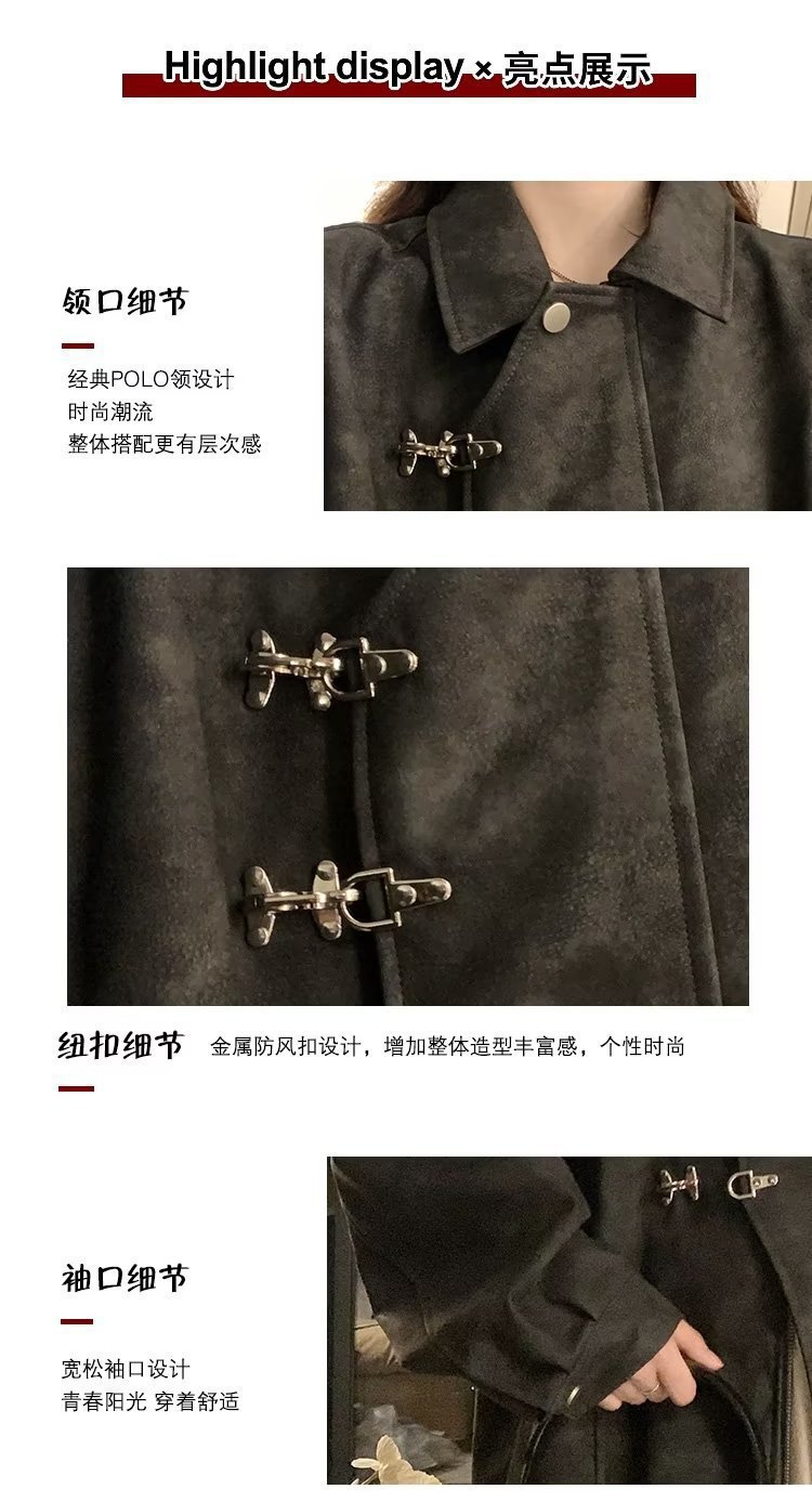 美式复古翻领外套女chic春秋潮流休闲宽松设计感PU皮学生夹克上衣详情6