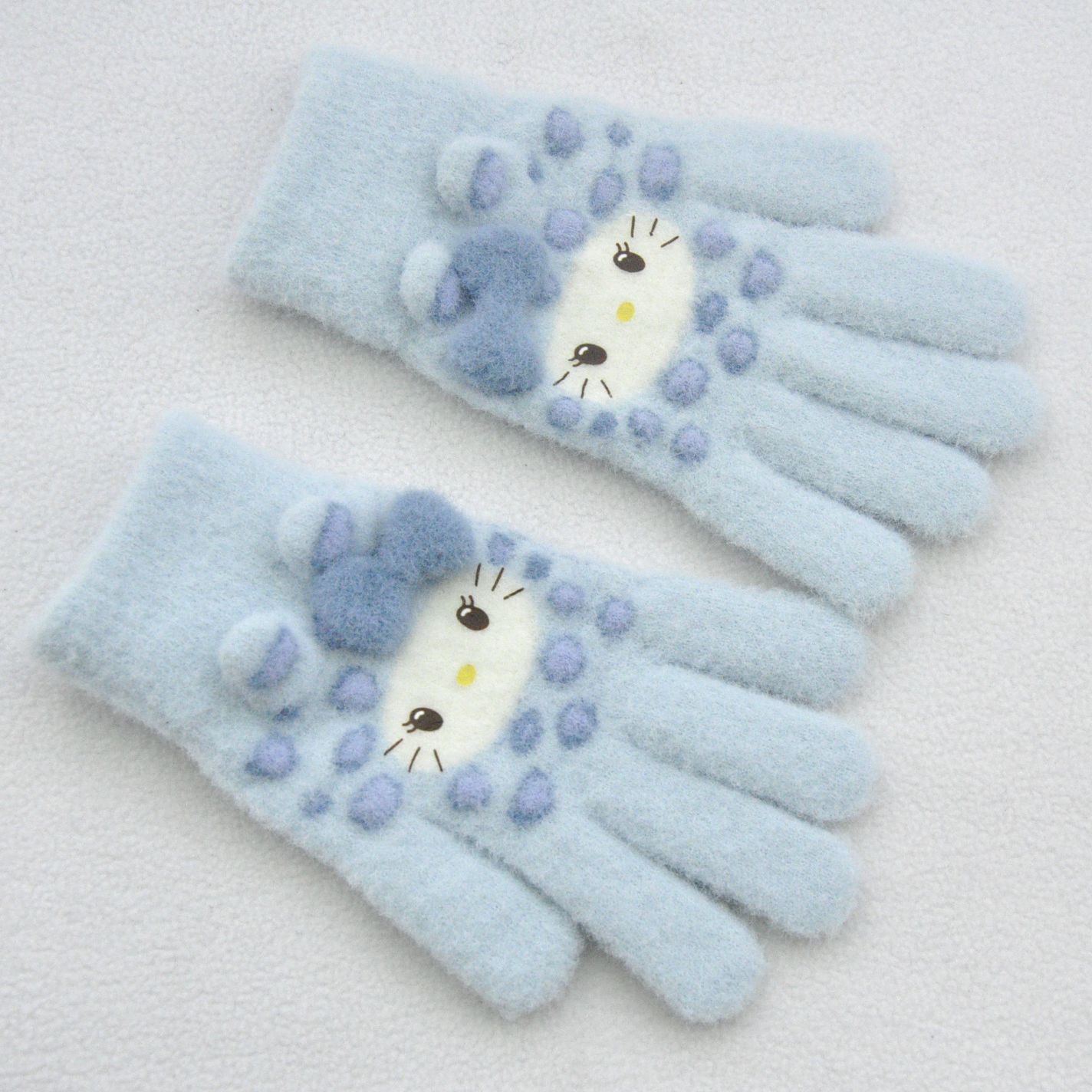 新款 加绒加厚女士可爱小猫咪提花针织手套骑车防风学生触屏手套详情9