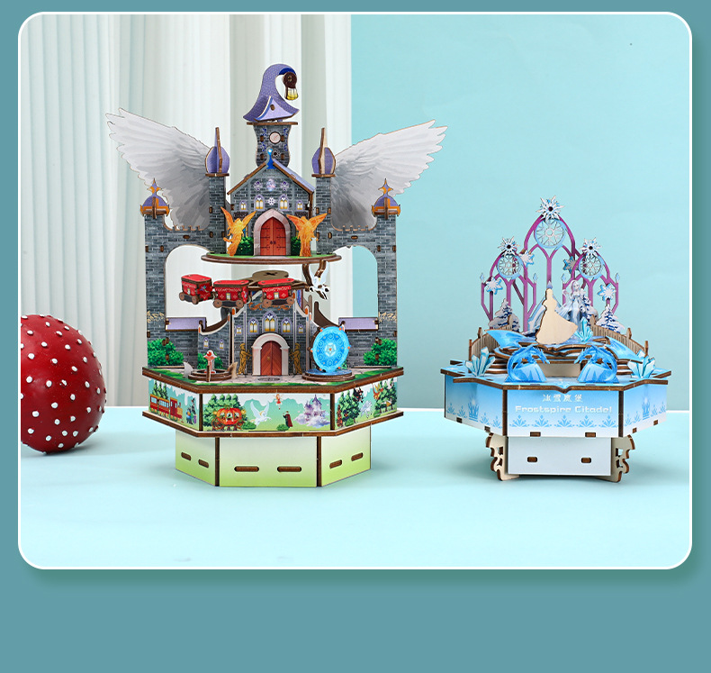 Cross-border new product assembly music box, Dream City, Ice and snow castle, handcrafted music box, building blocks, birthday model ornaments pic 17