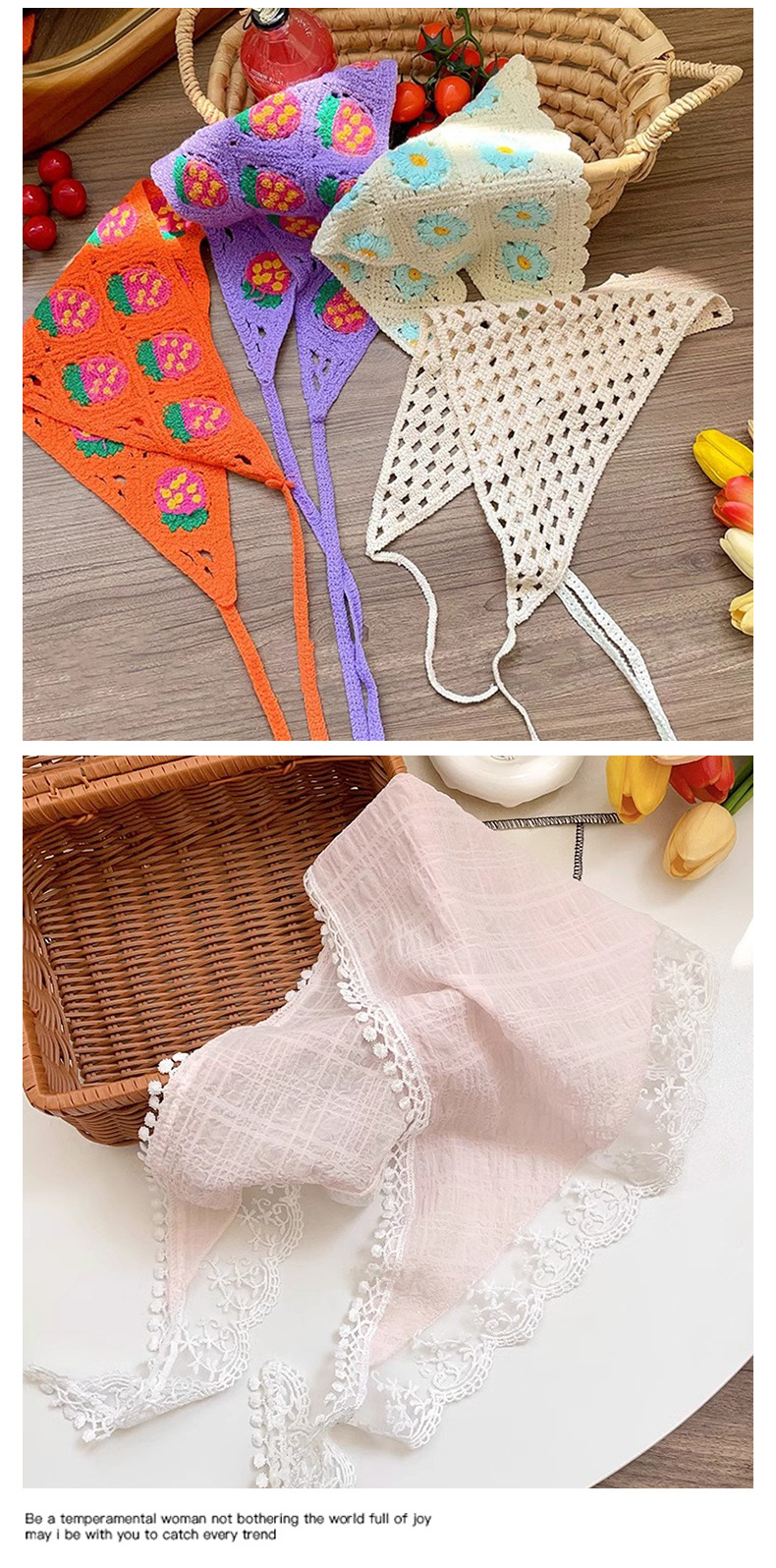 French retro knitted handmade lace triangular scarf, sweet and elegant artistic style headscarf, 2025 new style hair band pic 17