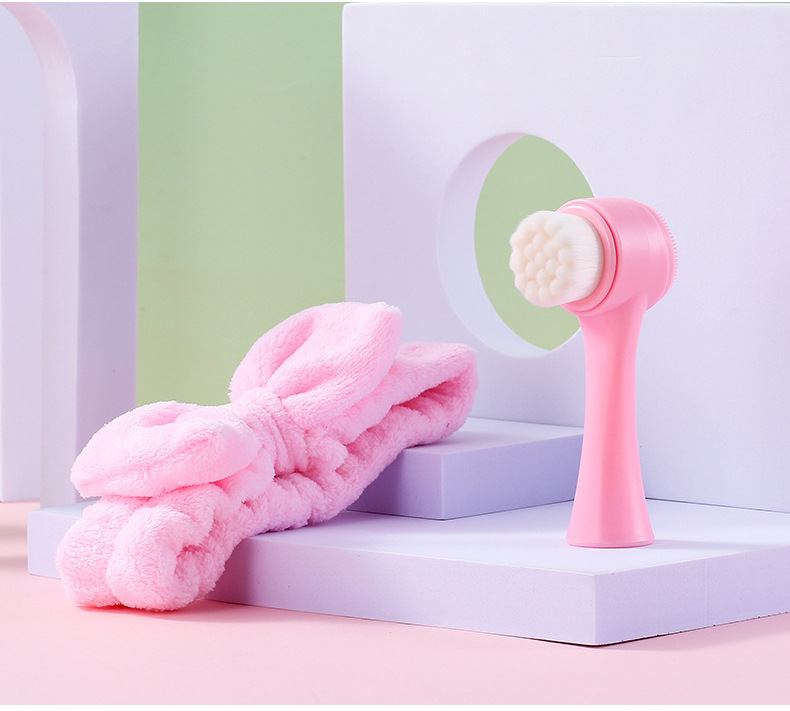 Double-sided facial brush and hair band set, blackhead cleansing brush, coral fleece bow hair band pic 15