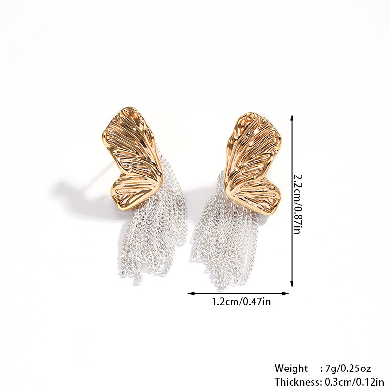 娜莎跨境黄铜复古流苏蝴蝶耳环女金银两色简约耳环S925银针养耳洞详情4