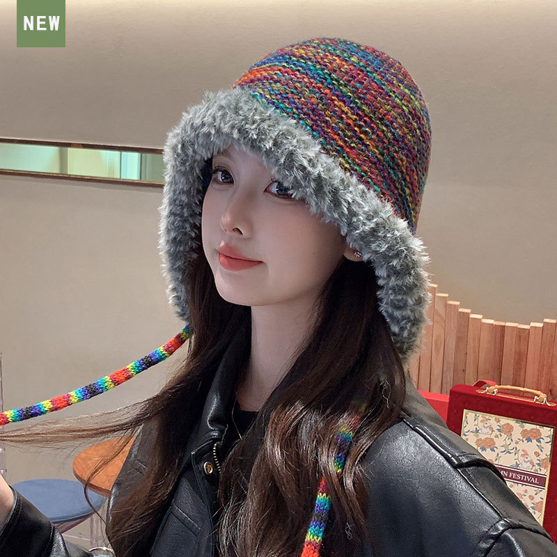 A cute rainbow gradient knitted hat for women in autumn and winter, warm, ear-protecting and face-enhancing small woolen headscarf pic 7