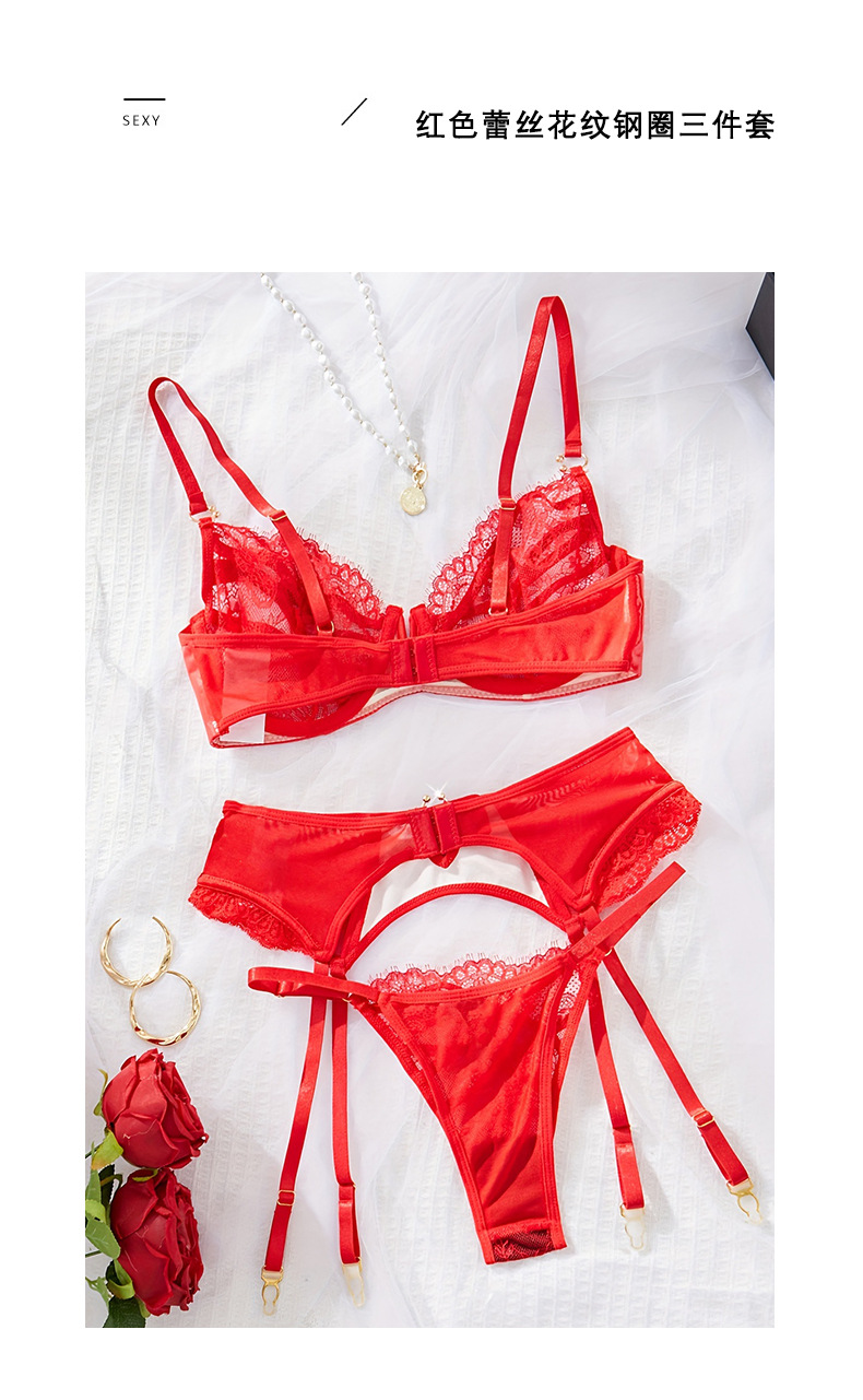 Red lace patchwork underwear three-piece set, memory soft steel ring sexy bra, underpants and garter set JR069 pic 4