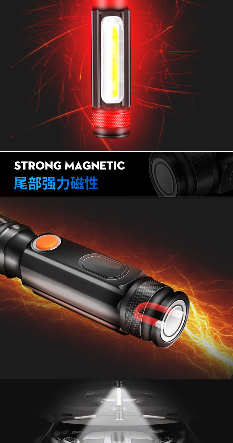 T6 multi-functional magnetic car repair work light, powerful flashlight, outdoor lighting, charging, zoom, LED small flashlight pic 12