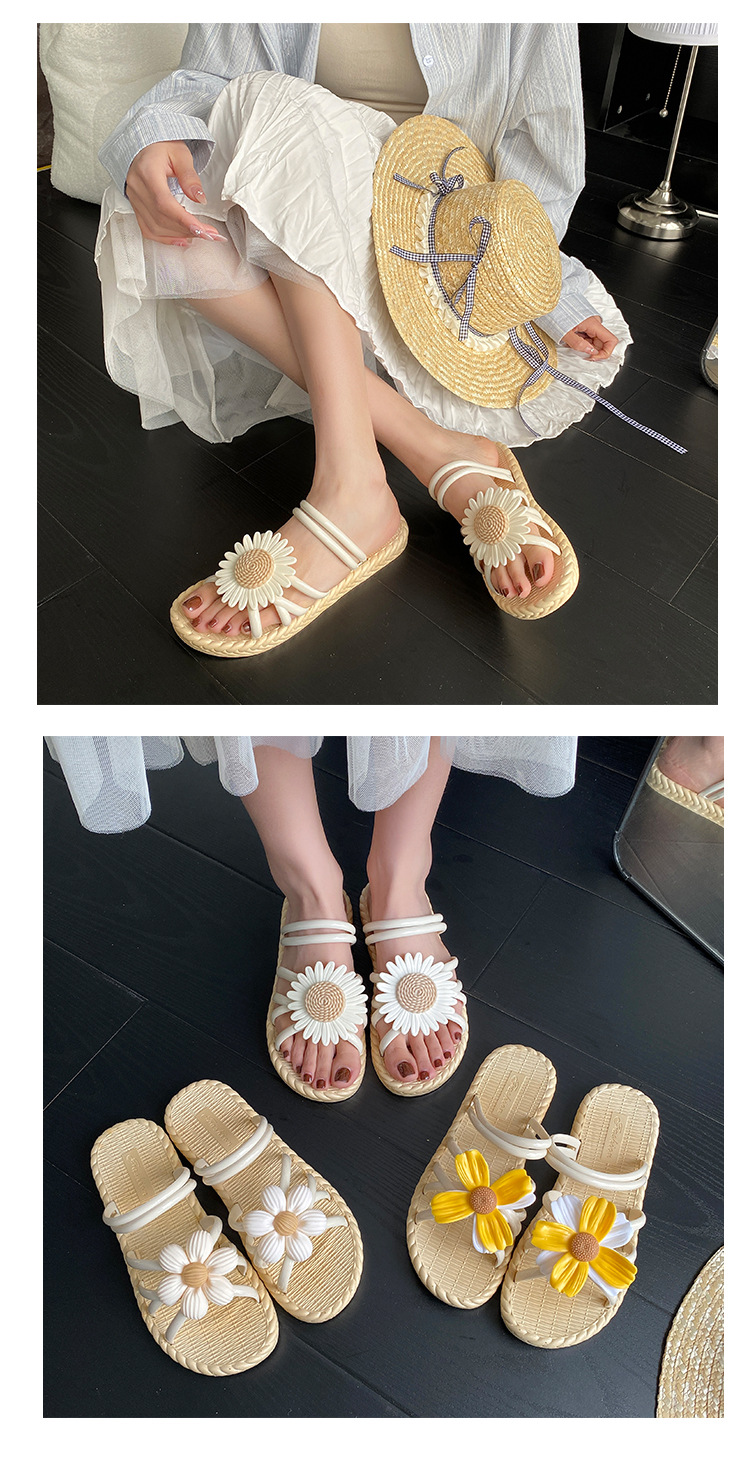 新款时尚花朵女鞋夏季草编拖鞋民族风罗马鞋沙滩一字拖两穿鞋凉鞋详情5