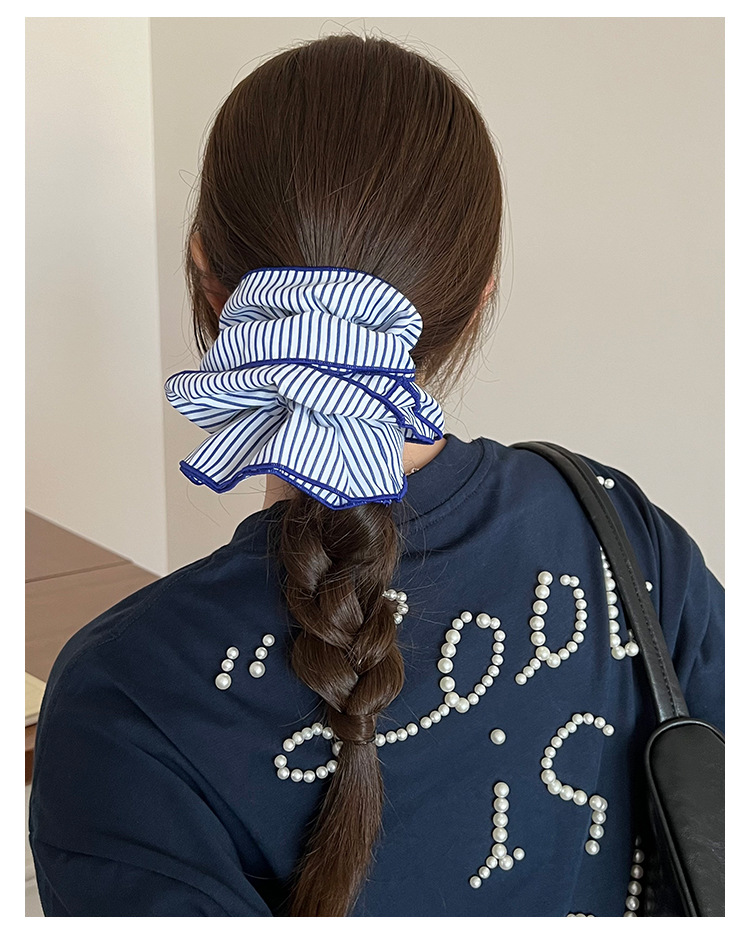 韩式蓝色条纹双层大肠发圈女时尚低马尾发绳学院风头绳皮筋头饰品详情4