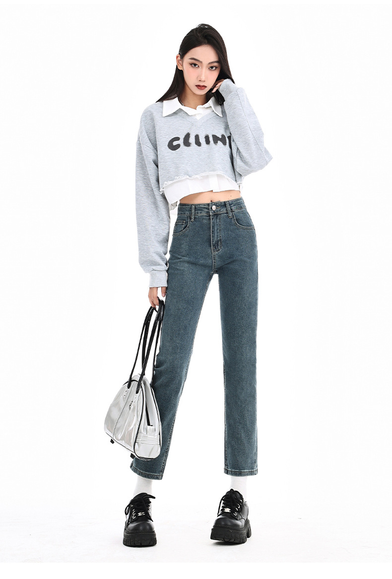 黑色直筒裤牛仔裤女春季2025新款小个子高腰显瘦修身九分烟管裤子详情32