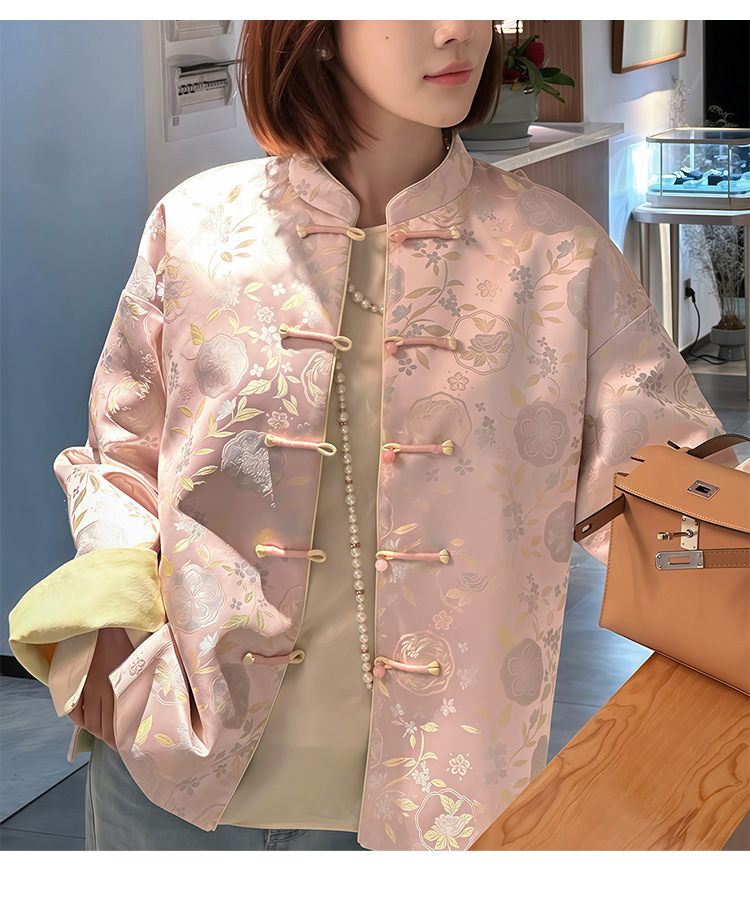 宋锦双面穿秋冬款女装重磅提花立领中式国风百搭毛呢外套宋韵盘扣女士古代服装详情3