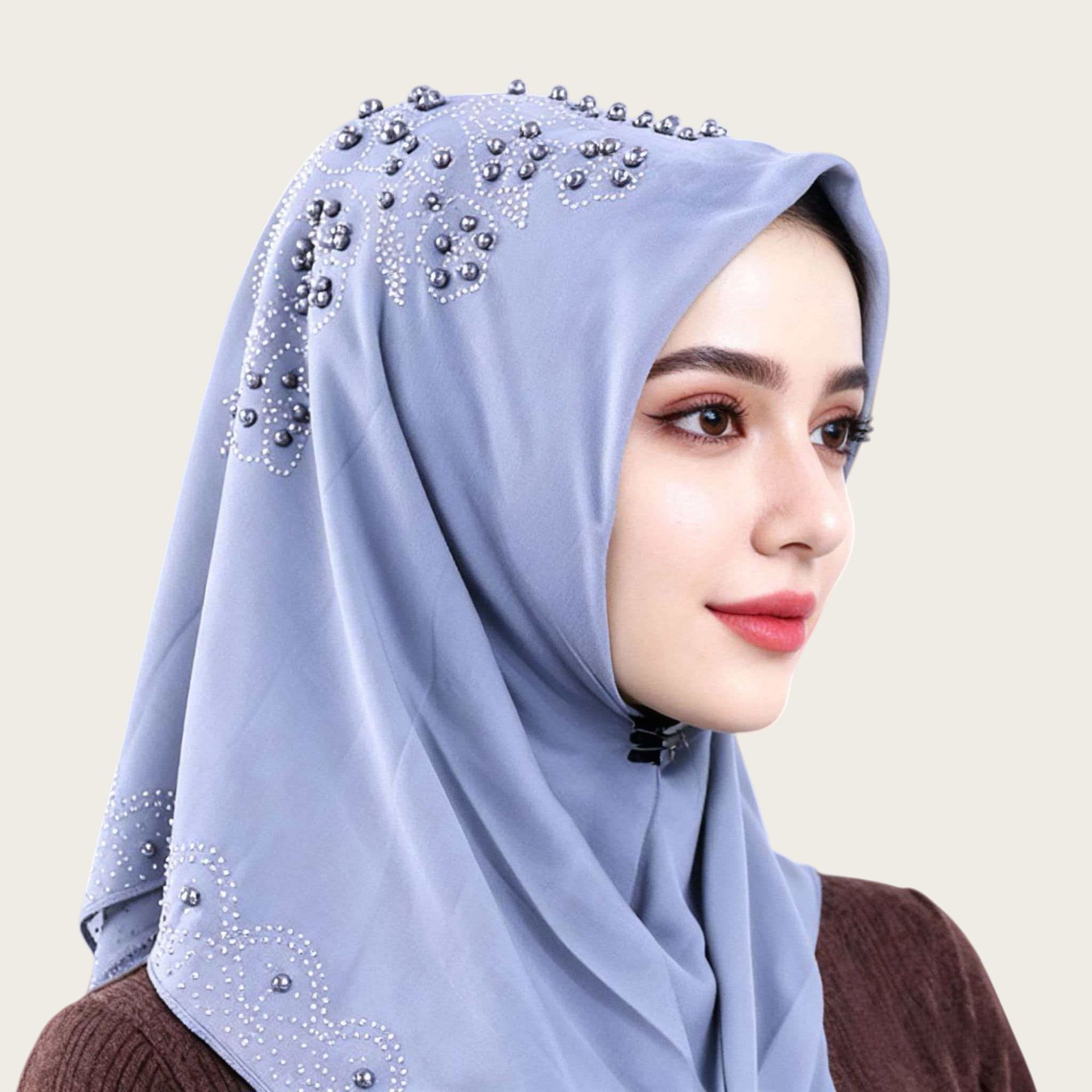 M145厂家烫钻妇女头巾民族风盖头珍珠雪纺围巾流行纱巾素色单色详情15