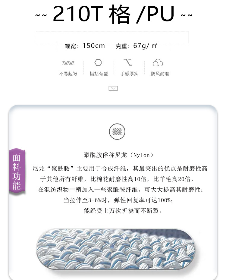 75D帽子手袋PU涂层尼龙面料210T格/PU时尚休闲外套工装布料详情1