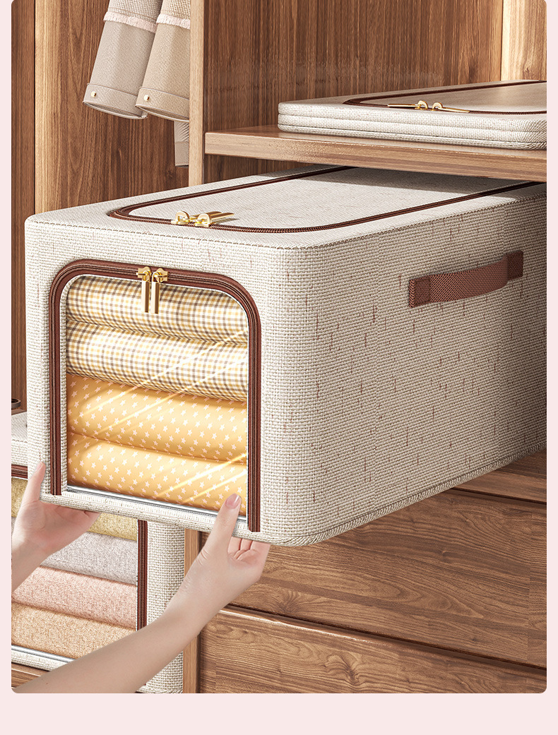 Tianshan cotton and linen sewn steel frame storage box, foldable and thickened household clothing storage box, bedroom toy organization box pic 12