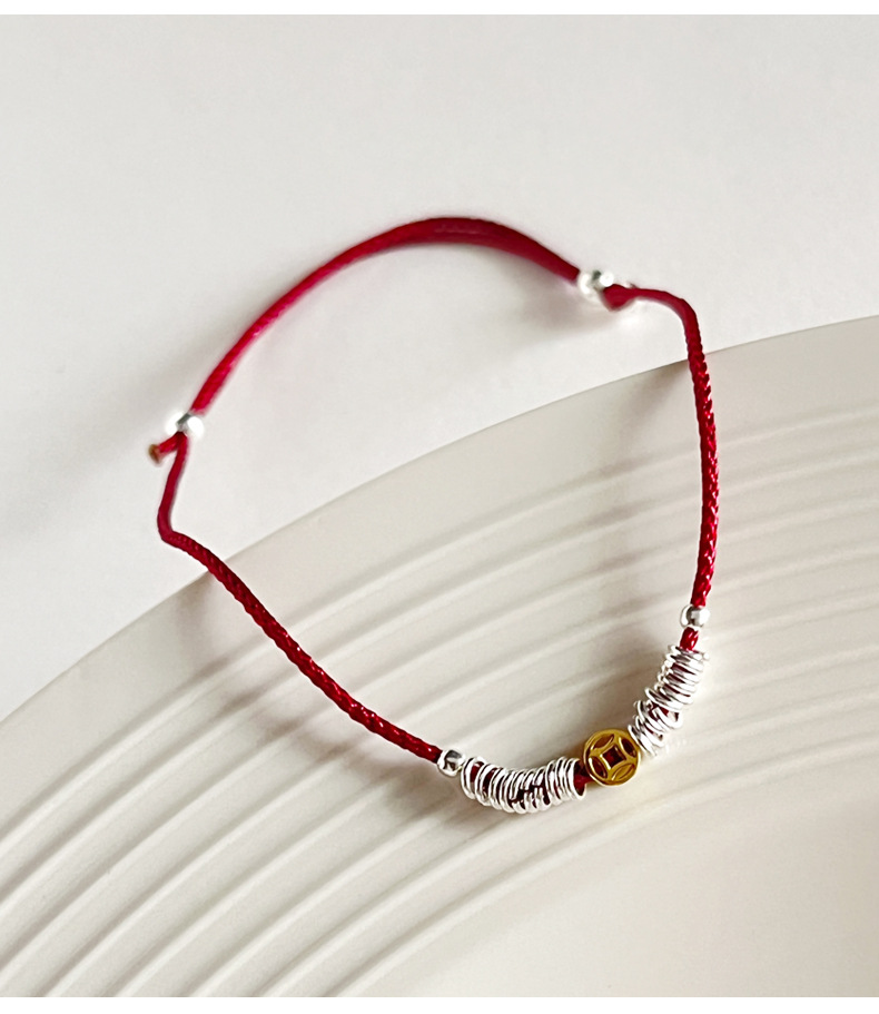 925纯银金银拼色钱币银圈红绳脚链女简约新中式设计脚裸链F4074详情13