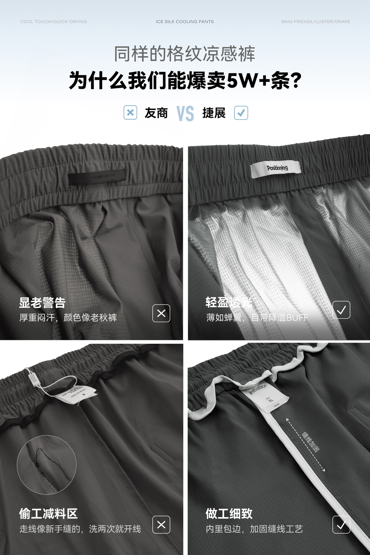 捷展男装|街头格纹速干空调裤2025春夏新品高弹凉感阔腿裤冰丝裤详情7