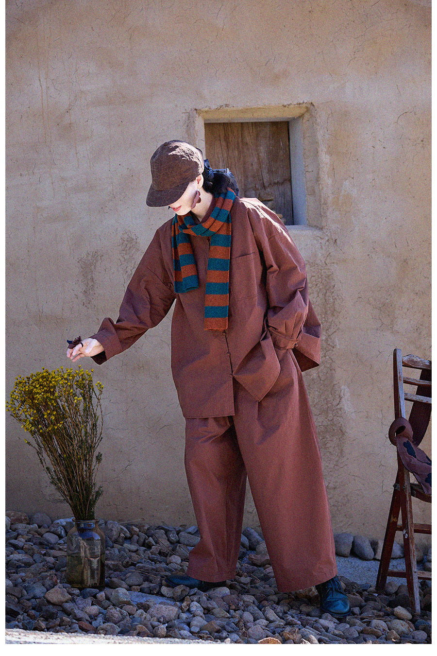 New autumn and winter style, artistic and retro original hazelnut red-brown cotton casual top, high-density, slightly elastic loose shirt for women pic 23