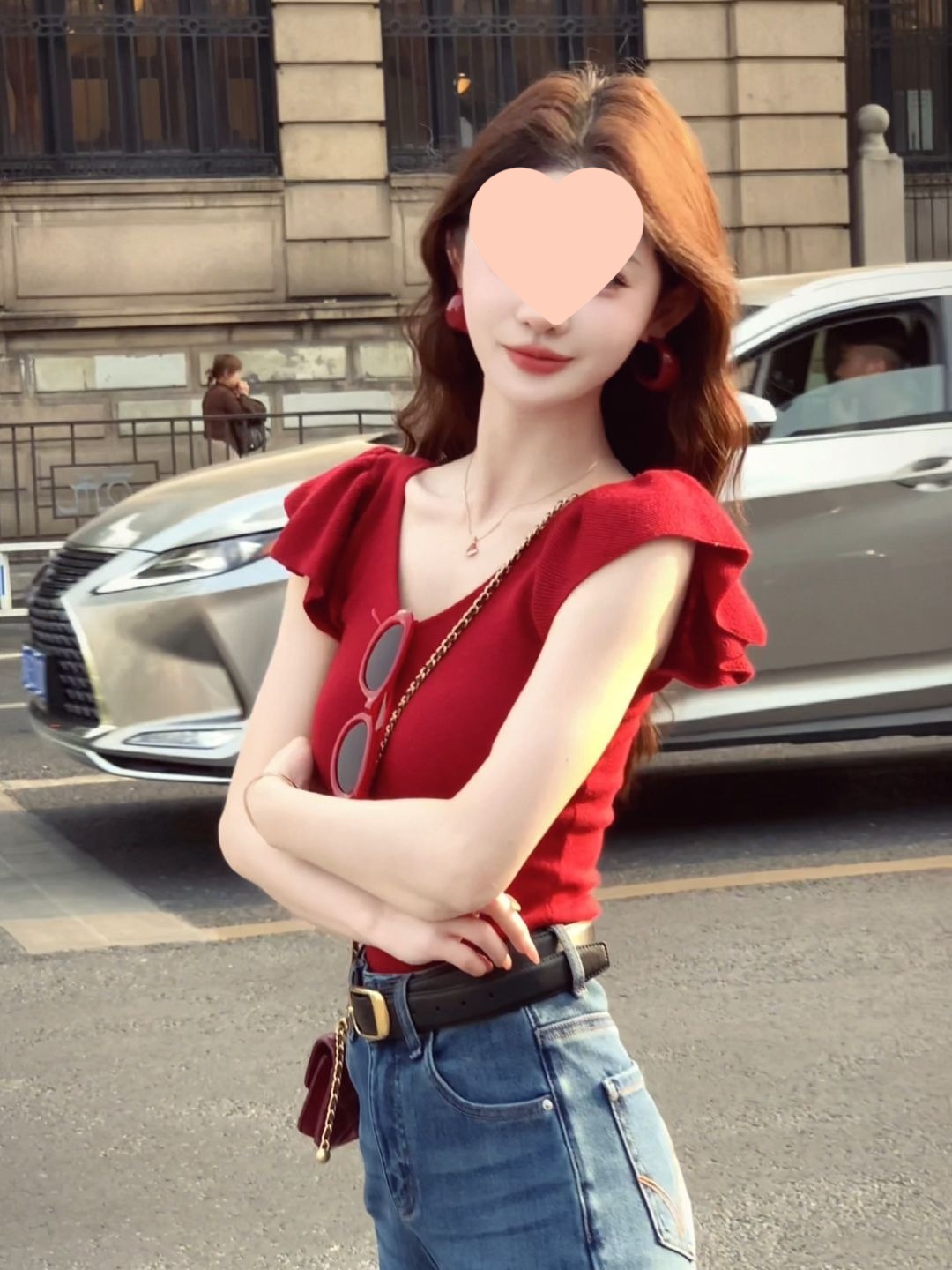 红色领短袖针织衫正肩恤女夏季修身显瘦纯欲辣妹小飞袖短款上衣详情1