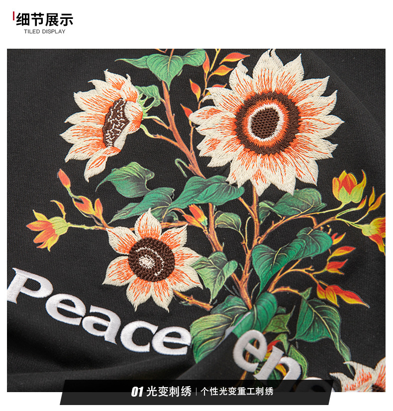 2025新款青春活力向日葵光变设计感花灰刺绣宽松圆领短袖T恤男女i详情22