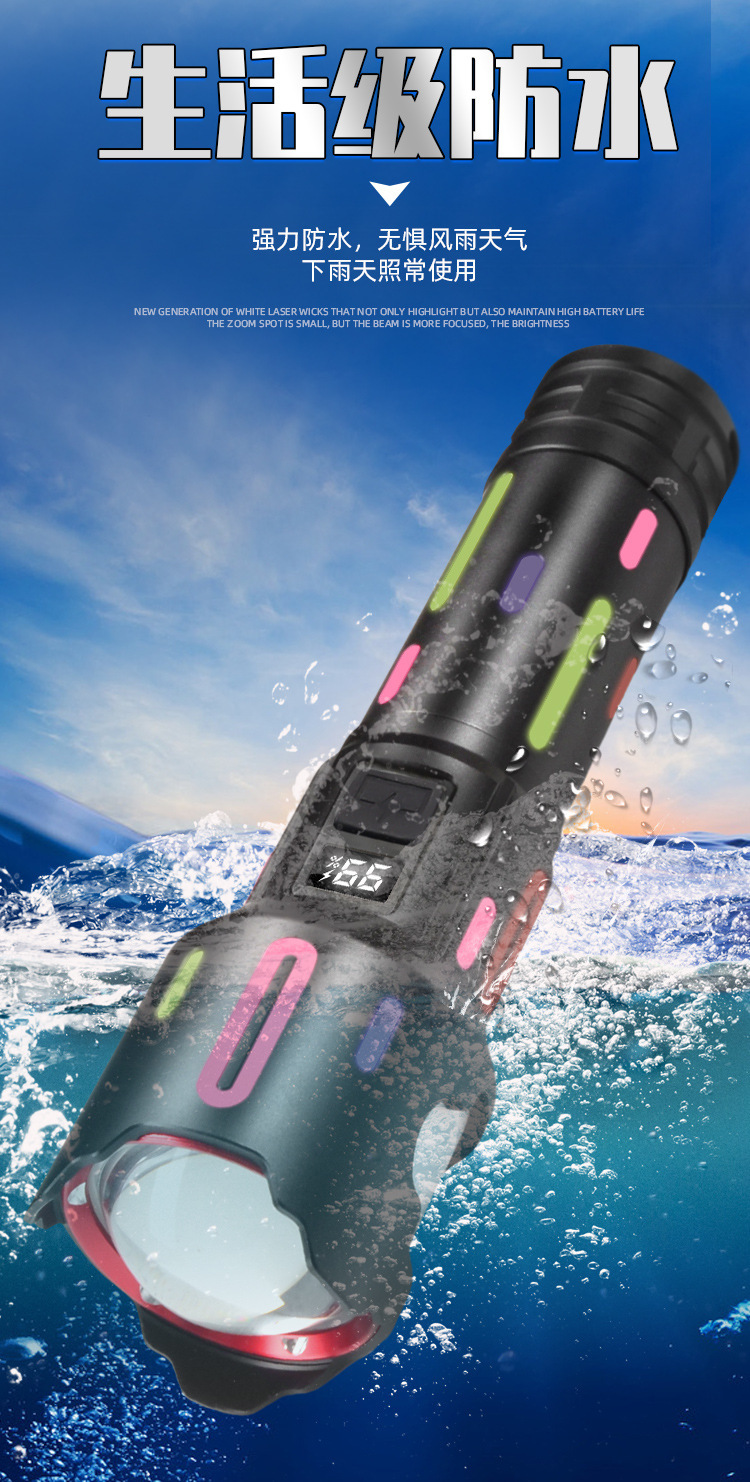 跨境强光远射手电筒超亮户外白激光多功能数显灯变焦大功率露营灯详情17