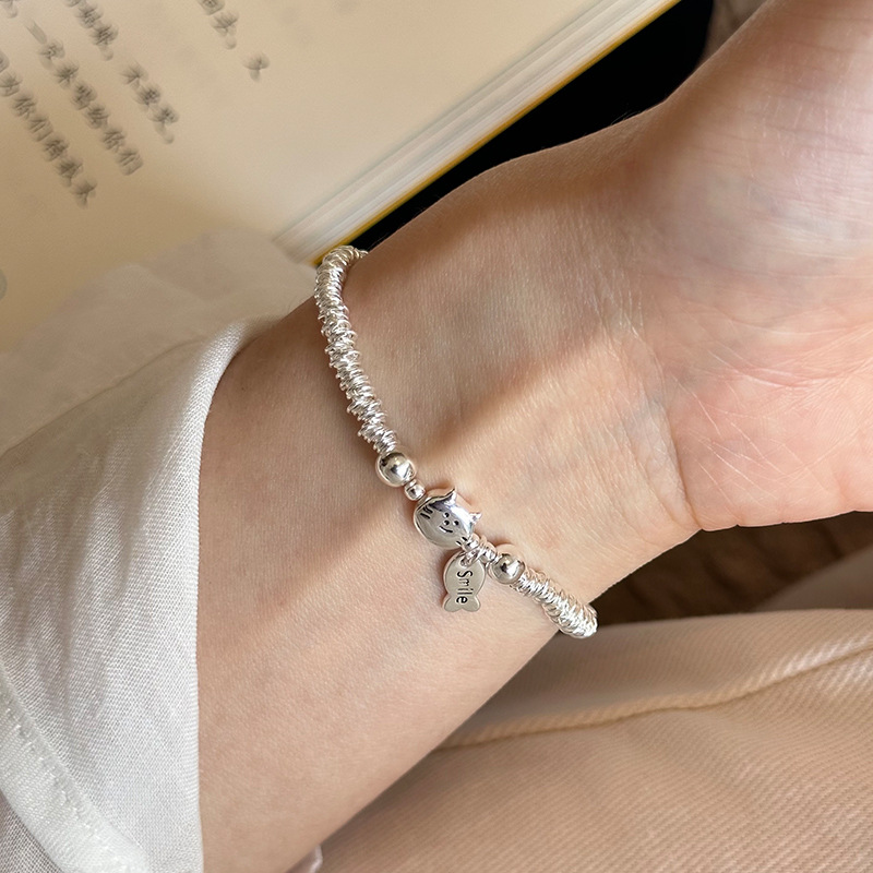 925纯银smile小鱼喵咪银圈手链女手工设计可爱甜美气质手环B3225详情8