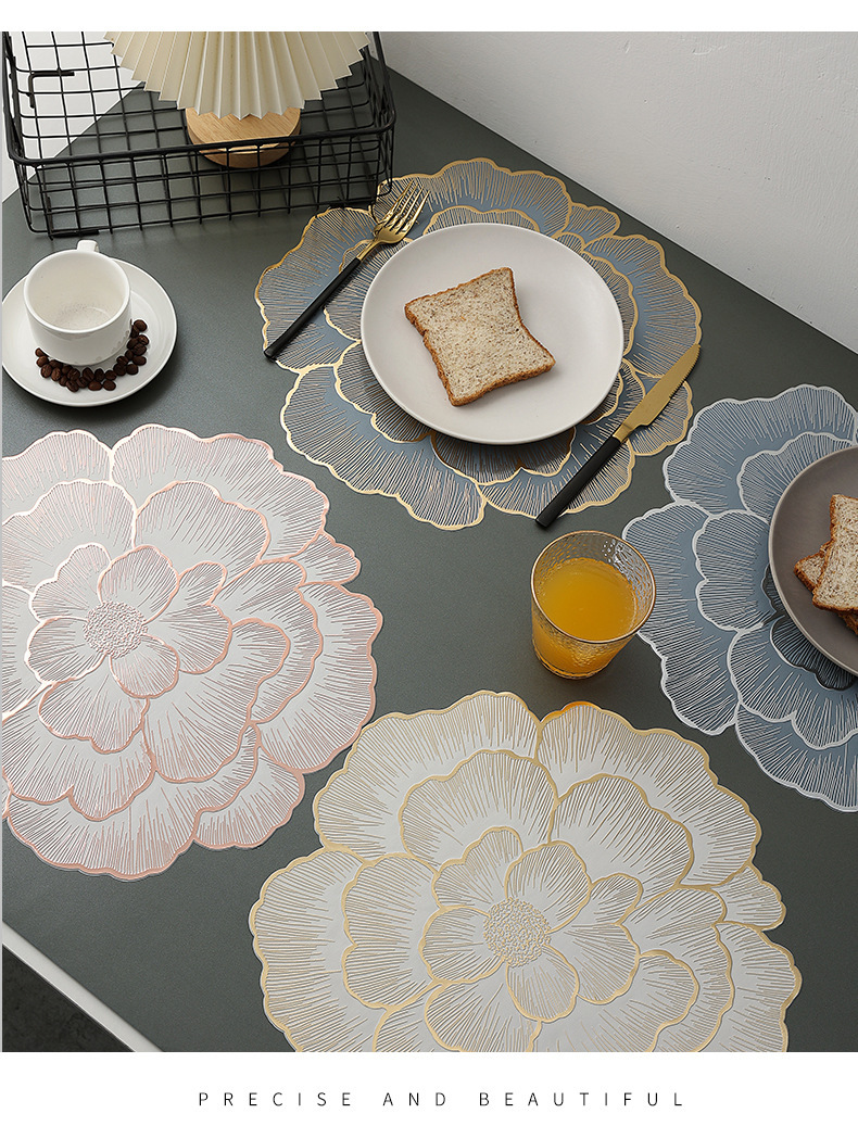 Best-selling pvc gold-embossed table mat with a sense of high-end luxury, heat insulation, waterproof oil, peony flower solid base Western table mat and table lamp mat pic 11