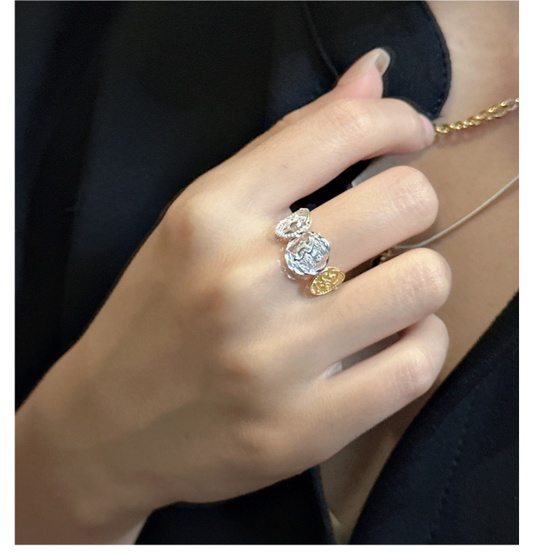 S925纯银韩版小众设计感人像金银拼色戒指韩国风博主款指环批发详情14