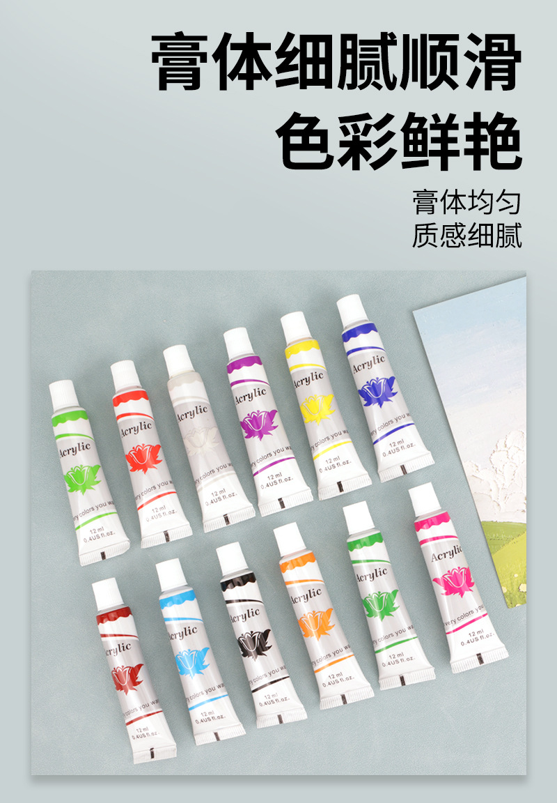 Cross-border 12-color Acrylic paint 12ml Watercolor Acrylic oil paint, Art Special painting and wall painting paint set pic 6
