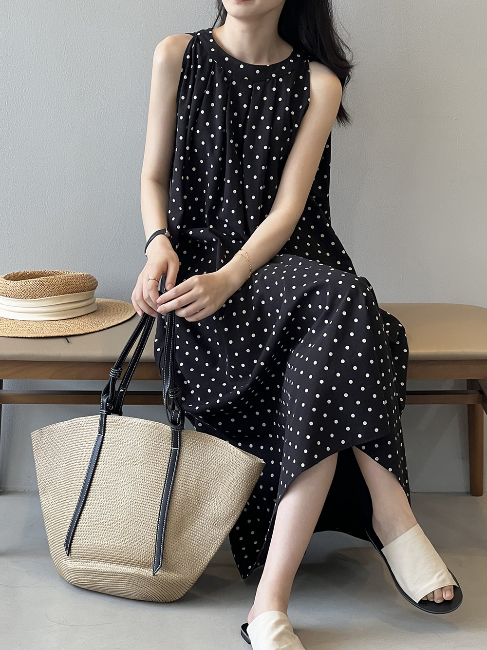 言双 波点无袖连衣裙2024夏季新款韩系圆领a字气质背心裙82016 pic 34