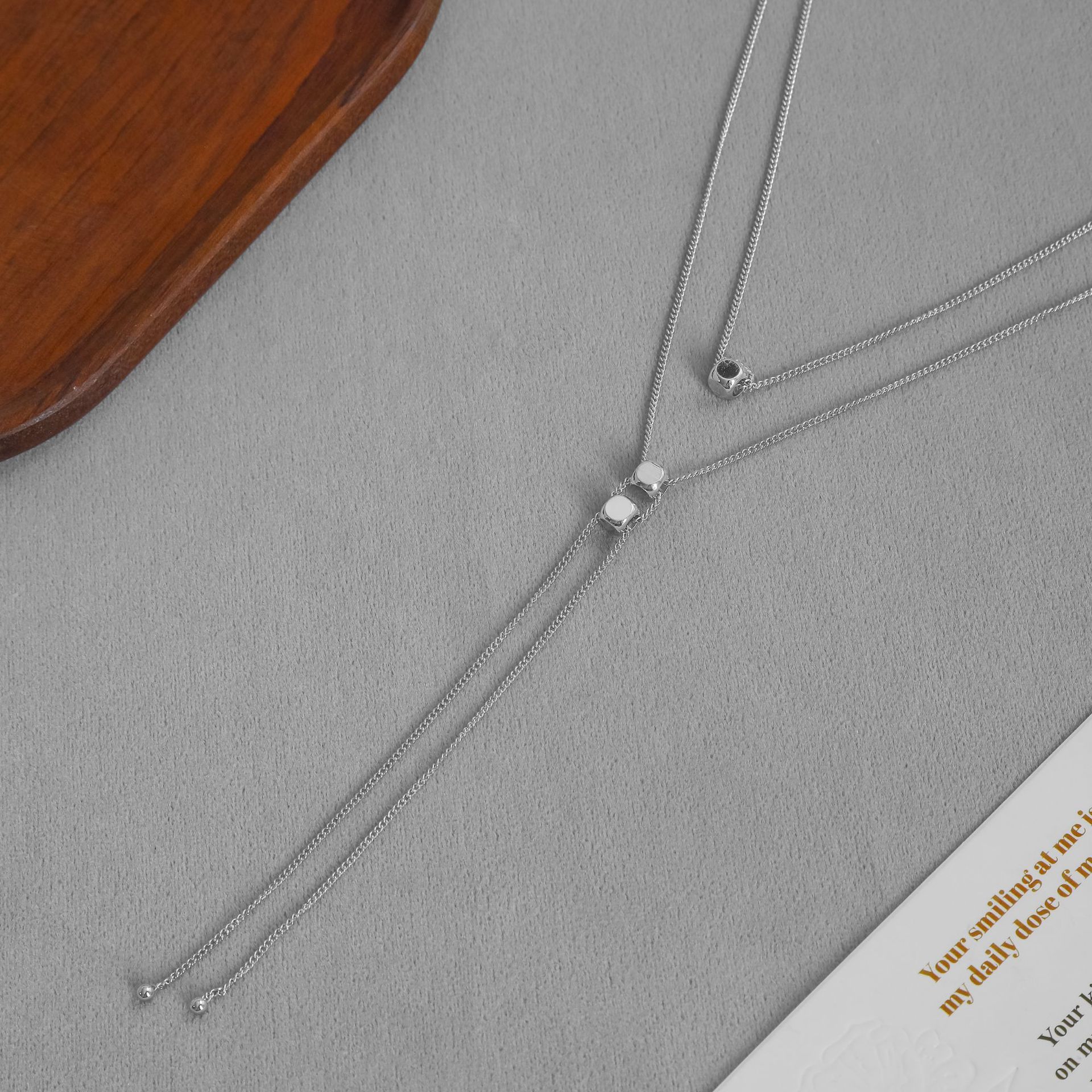 LEMA*家可抽拉项链 法式冷淡风简约气质双层叠戴长款方块锁骨链详情6